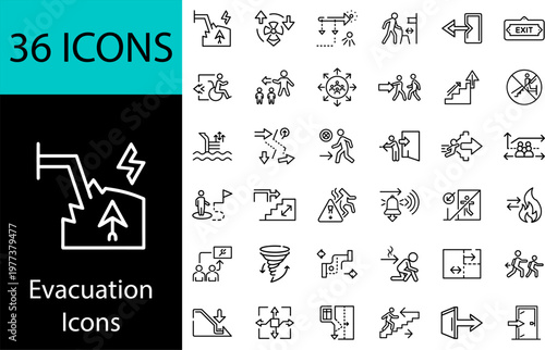Evacuation line icons set of 36, editable stroke outline vector symbols for emergency exit, escape route, safety evacuation plan, disaster response and warning signage
