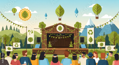 Eco friendly outdoor festival stage with audience recycling symbols and green hot air balloons in a mountainous landscape