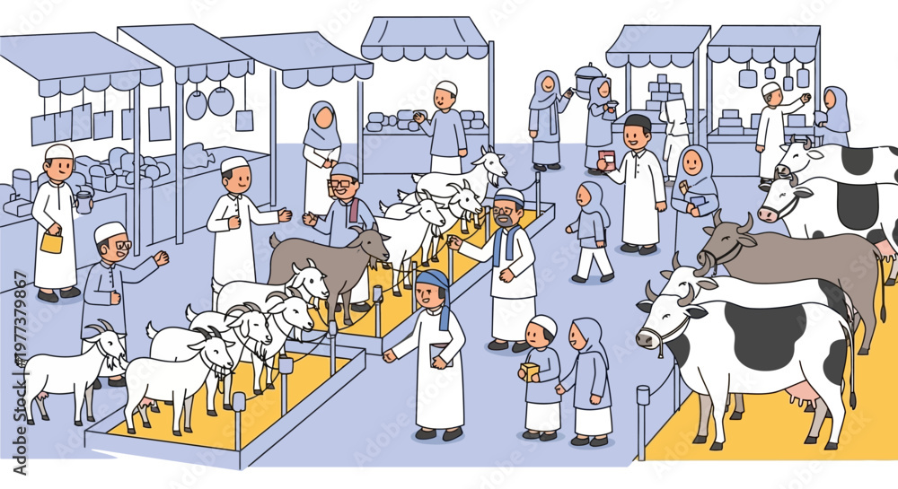 Naklejka premium Muslims Celebrate Eid al-Adha at a Lively Livestock Market Gathering