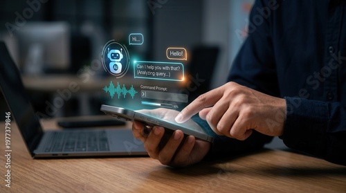 User interacting with a virtual assistant on a mobile device, featuring conversational AI speech bubbles and voice waveforms.