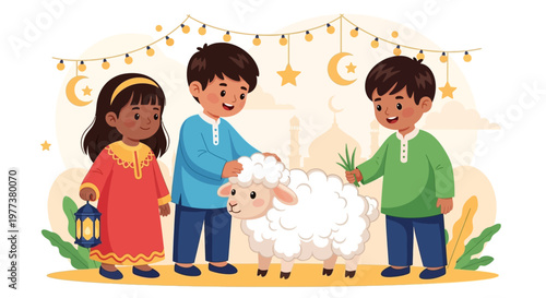 Eid al-Adha Celebration Children with Sheep and Festive Lights