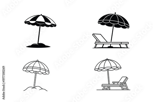 Set of Four Beach Umbrella and Lounge Chair SVG Icons in Black Silhouette and Outline Styles Including Sand Beach and Poolside Sunbed Designs Isolated on White Background