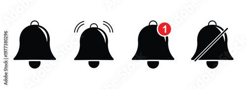 Notification bell icon set for apps and interface design. Notification bell icons with different states, alert, mute, and new message. Vector Illustration