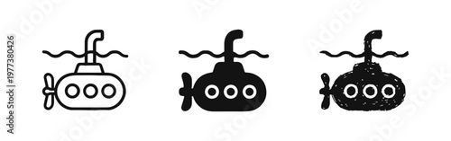 Submarine icons set for naval exploration and deep sea travel