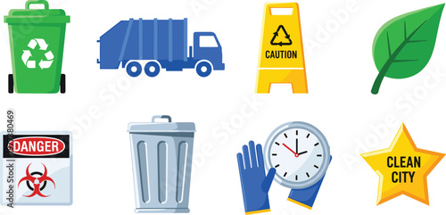 Waste Management and Environmental Safety Icon Set for Recycling, Disposal, and City Cleanliness