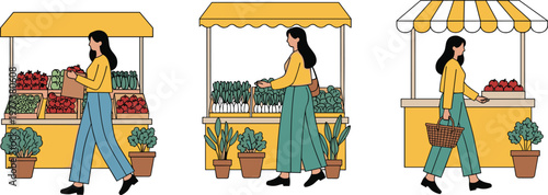 Vector illustration of person shopping at outdoor farmers market stalls with fresh fruits, vegetables, baskets, and eco friendly produce, highlighting sustainable lifestyle and local food concepts