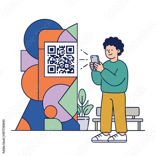Man scanning QR code on abstract art installation.
