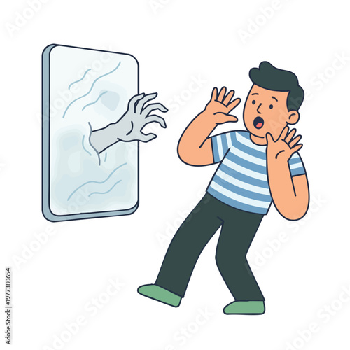Man Scared by Ghost Hand Emerging from Phone Screen.