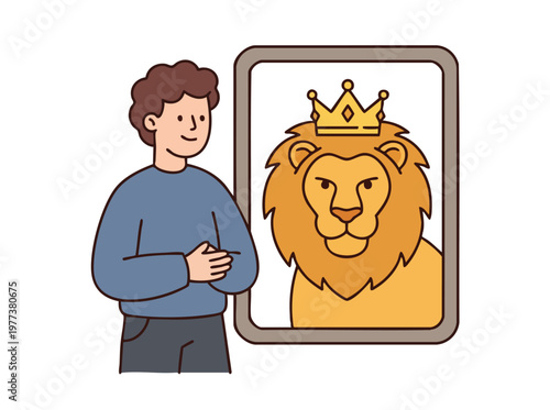 Man sees himself as a powerful lion in the mirror.