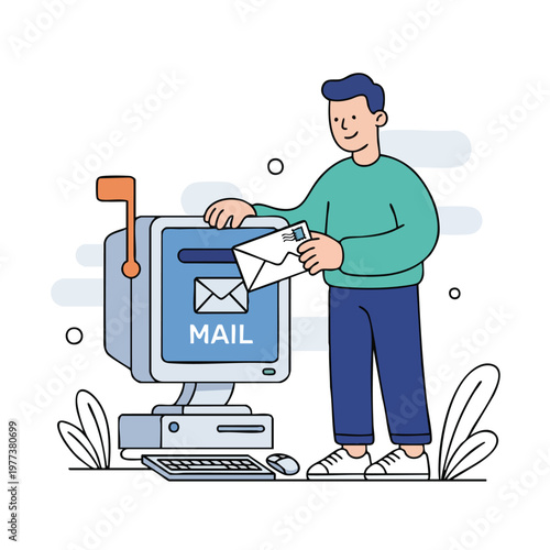 Man Sending Email Through Computer Mailbox Illustration.
