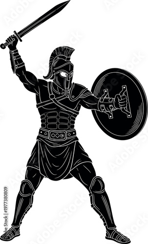 Vintage illustration of a roman gladiator with sword and shield in a dynamic pose