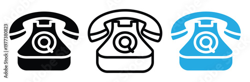 Vintage rotary phone icons in black, White, And blue on white background for business communication concepts