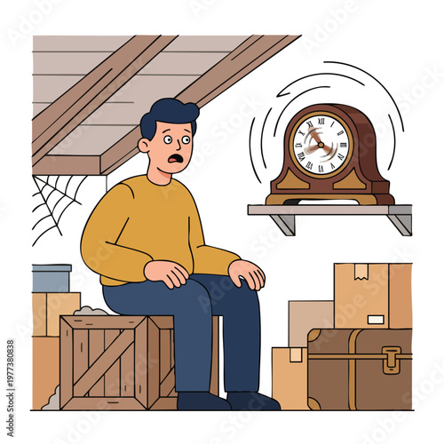 Man sitting in attic with clock ringing loudly.