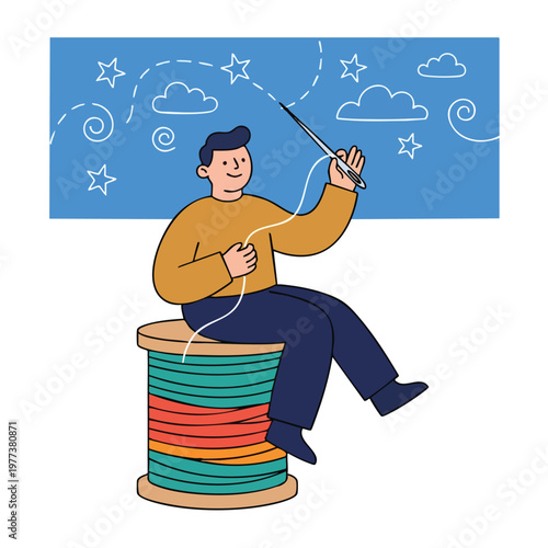 Man Sitting on Giant Spool of Thread Sewing Stars.