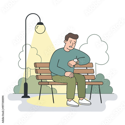 Man sitting on park bench checking his watch.