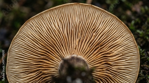 Close up underside view of a brown mushroom with many gills set on mossy forest floor