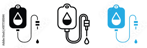 IV drip bag and tube medical icons in black, White, And blue for healthcare and hospital use