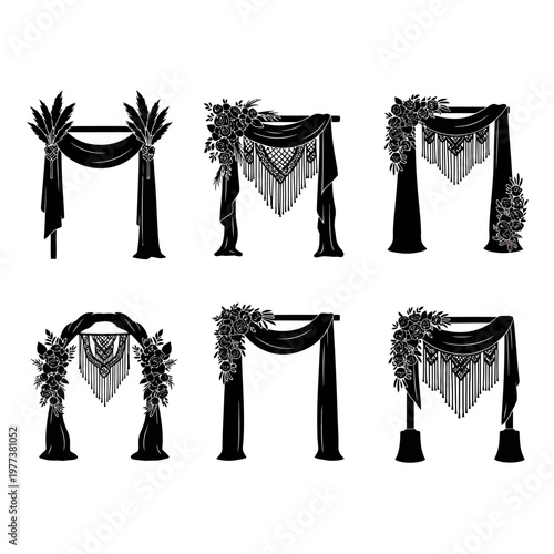 A set of six black and white wedding arches with drapes and floral decorations in a minimalist vector illustration style