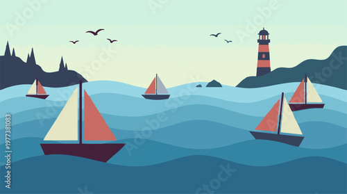 Stylized seascape illustration with sailboats, lighthouse, and birds