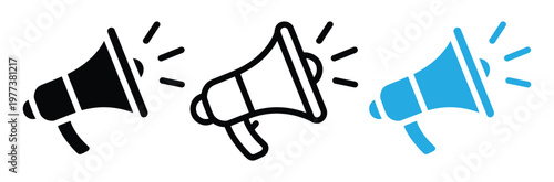 Megaphone icons in black, White and blue for announcements and promotions