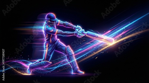Cricket neon batsman illustration hitting ball with glowing light streaks on dark background for sports poster digital artwork and event promotion concept