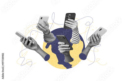 Billede på lærred Creative image collage human hands holding smartphones digital era devices socia