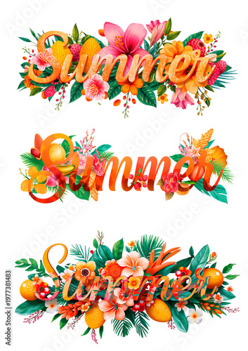 Summer text with flowers and fruits isolated on transparent background