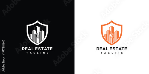 Real Estate Shield Logo with City Skyline