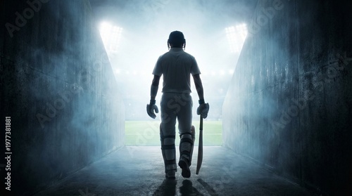 Cricket player walking through stadium tunnel toward bright field lights creating dramatic silhouette atmosphere for sports motivation journey performance and competition concept