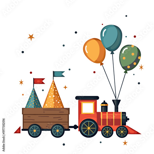 A festive, vintage-style red steam locomotive pulls a wooden wagon with conical peaks, balloons, and floating stars. This celebratory scene is perfect for a child's event or playful design.