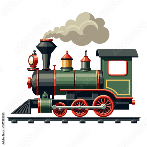 A vintage steam locomotive in dark green and black colors with red wheels is set against a transparent background. Gray smoke rises from its chimney as it rests on track line.