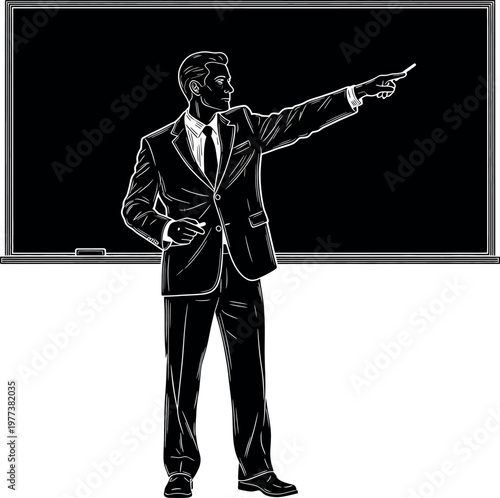 Vintage illustration of a man in a suit pointing forward with a determined expression
