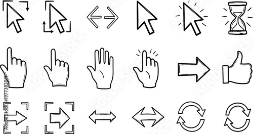 Collection of diverse cursor and hand icons in black and white sketch style