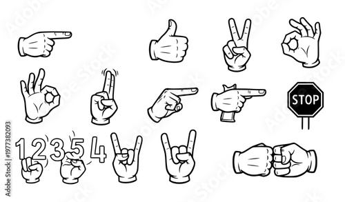 White glove cartoon hand gestures expressive vector icon set