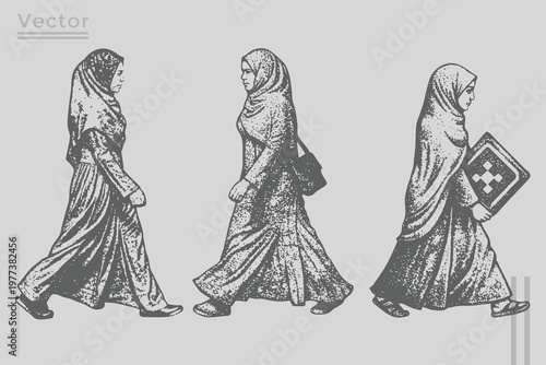 hijab woman walking in Vintage engraving style detailed vector illustration. muslim hijab woman Hand-drawn Sketch Drawing Vector