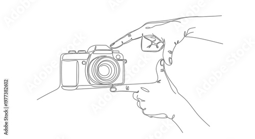 A vintage film photographer hand holds a compact digital camera equipment with a focus lens icon and flash button vector design illustration