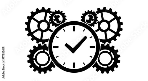 Industrial vector illustration of a mechanical gear and cogwheel mechanism featuring clock wheels and machine engine parts as a symbolic technology concept for business engineering on white