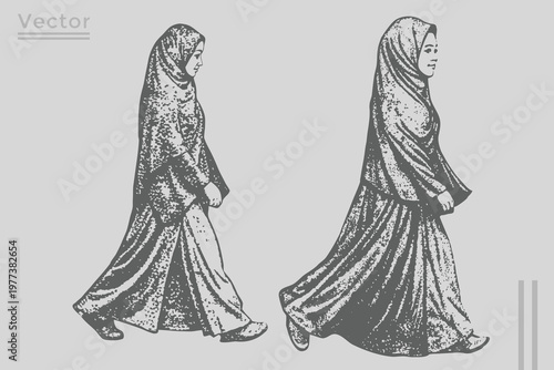 muslim hijab woman walking Hand-drawn Sketch Drawing Vector Illustration. hijab woman in Vintage engraving style detailed