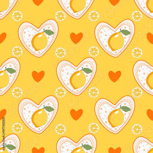 Seamless Pattern with Lemons and Hearts on Yellow Background