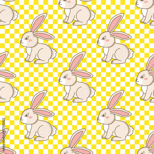 Cute Cartoon Rabbit Seamless Pattern on Yellow Checkered Background