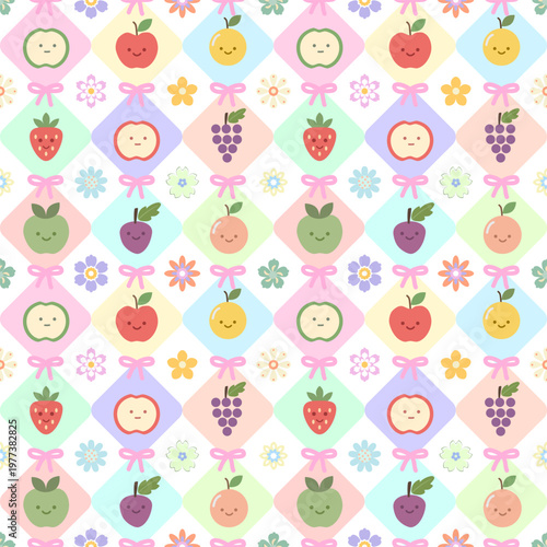 Kawaii Fruit and Floral Seamless Pattern in Pastel Colors