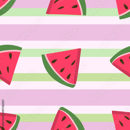 Seamless Watermelon Slice Pattern on Striped Background