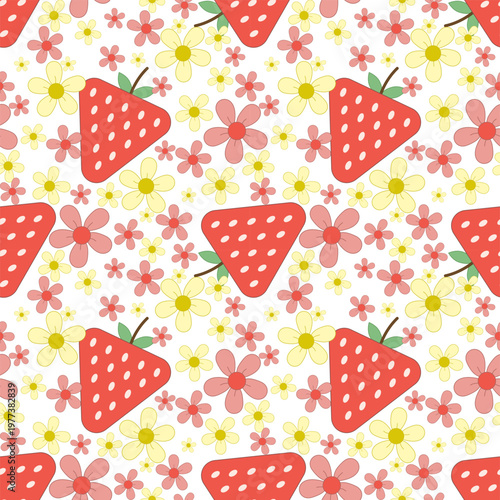 Cute Strawberry and Floral Seamless Pattern Illustration