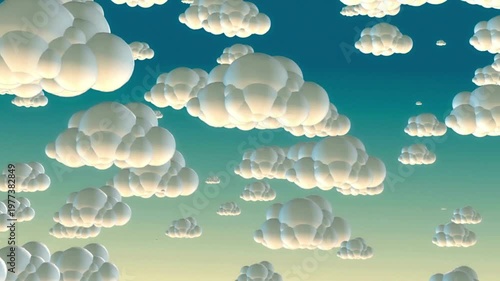 3D Stylized White Cartoon Clouds Floating in a Blue Gradient Sky