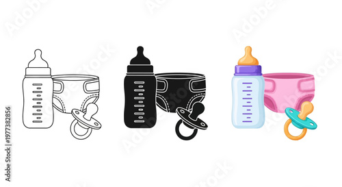 Baby bottles and pacifiers, infant feeding, colorful icons, vector illustrations, nursery essentials
