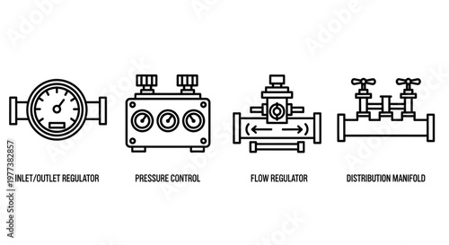 Industrial control valves, regulators, and manifolds, industrial automation components, valve systems, process control icons