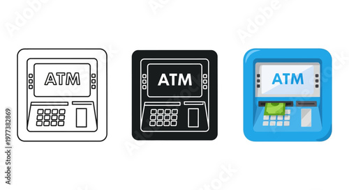 ATM icons, bank machine symbols, cash dispenser graphics, financial vector set
