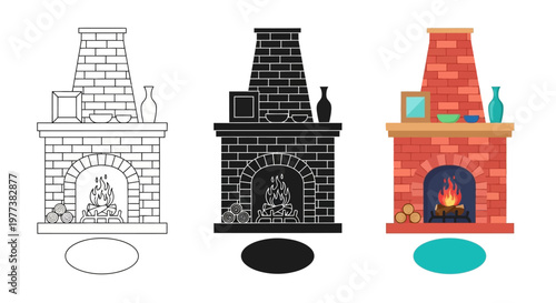 Fireplace icons, brick hearths, vector illustrations, home decor elements