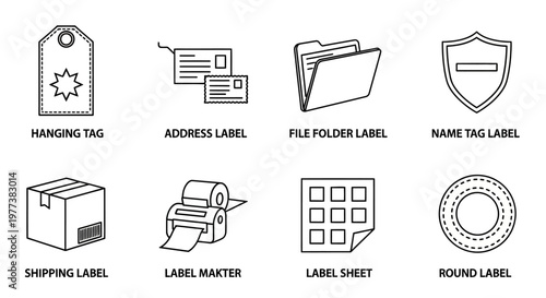 Label icons, label templates, vector set, 8 elements, business organization tools