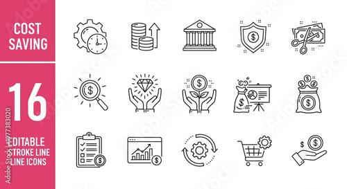 Cost saving icons, finance line icons, editable stroke icons, business symbols